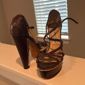 Jimmy Choo Metallic Suede Platform Heels Dark Wood Block Heel | Mint